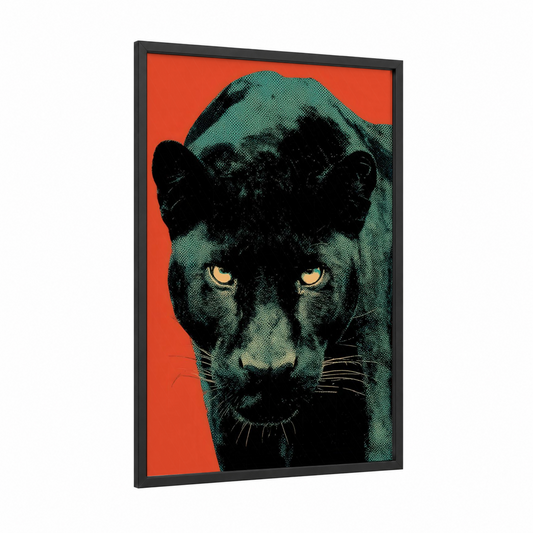 Emerald Panther framed art print — black wood frame — orange and teal palette