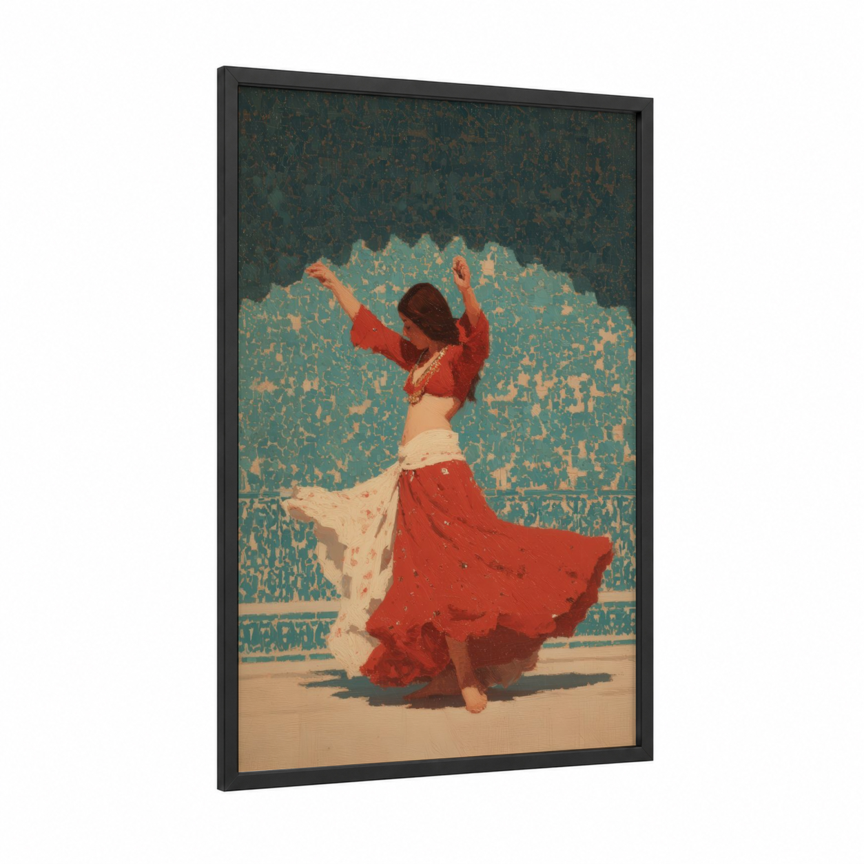 Crimson Dancer framed belly dance print — black wood frame — red and teal palette