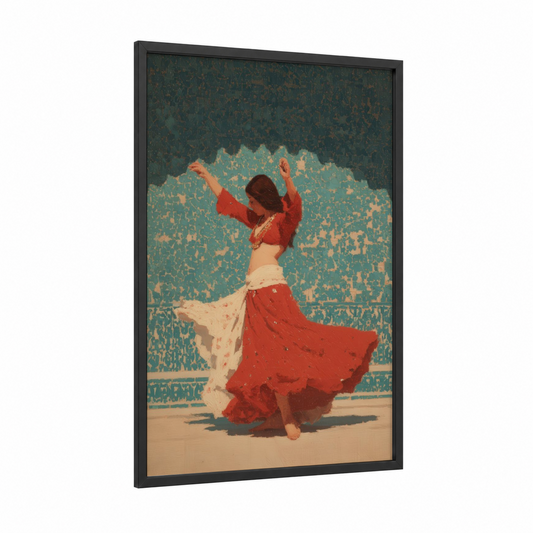 Crimson Dancer framed belly dance print — black wood frame — red and teal palette