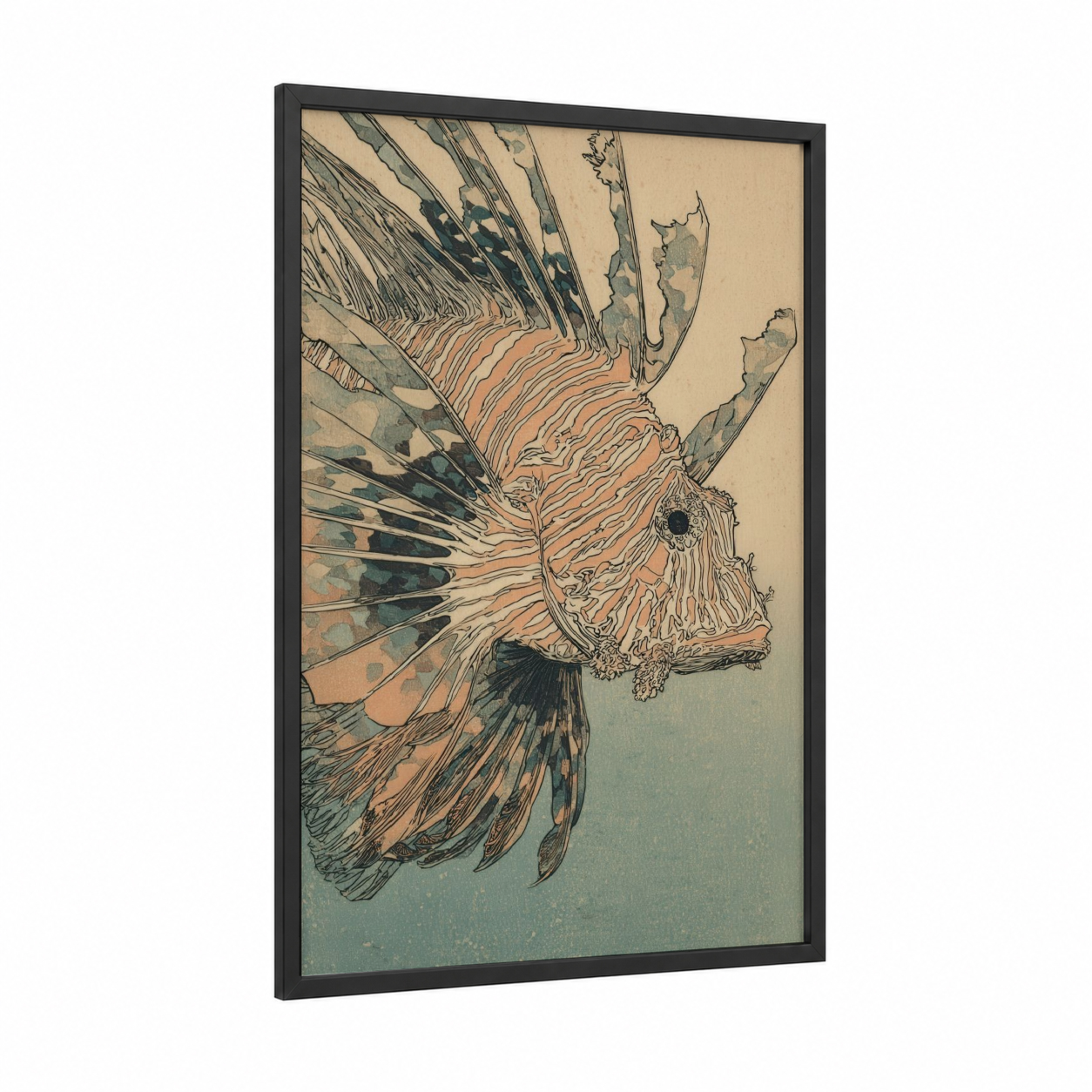 Crimson Lionfish framed art print — black wood frame — orange and teal palette