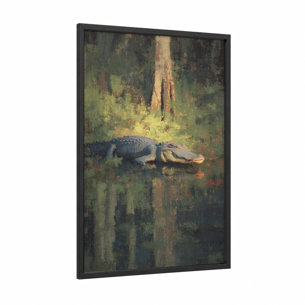 Sunlit Alligator framed art print — black wood frame — olive and russet palette