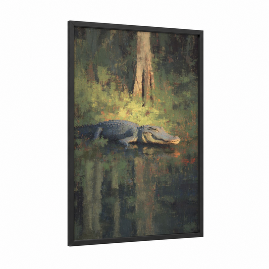 Sunlit Alligator framed art print — black wood frame — olive and russet palette