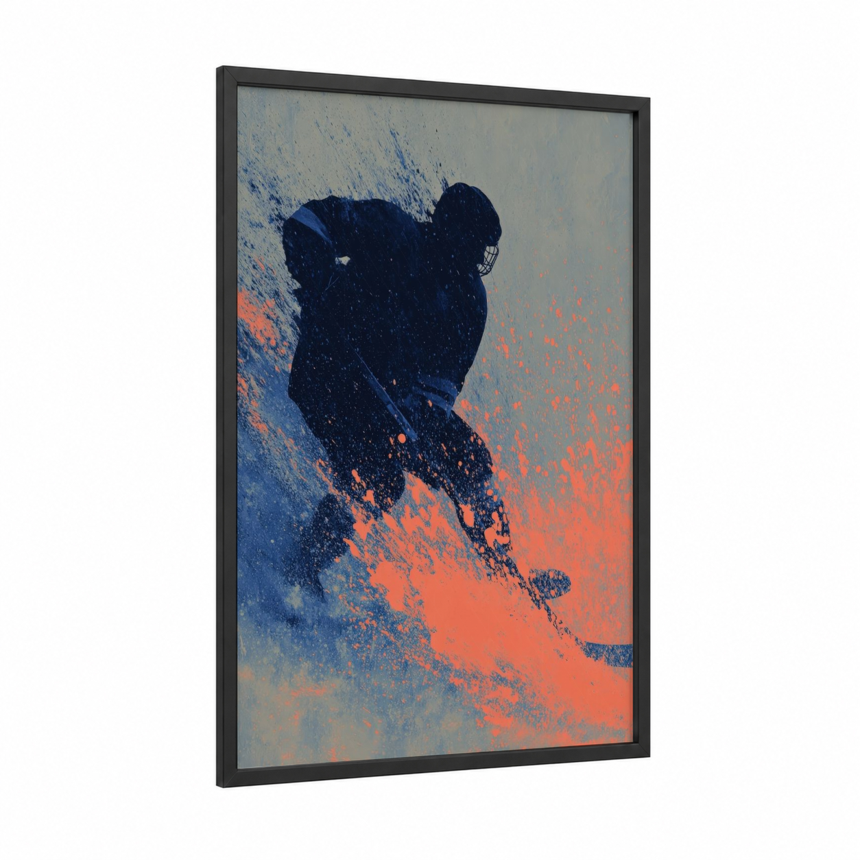 Dynamic Hockey Silhouette framed ice hockey print — black wood frame — dark blue and orange palette