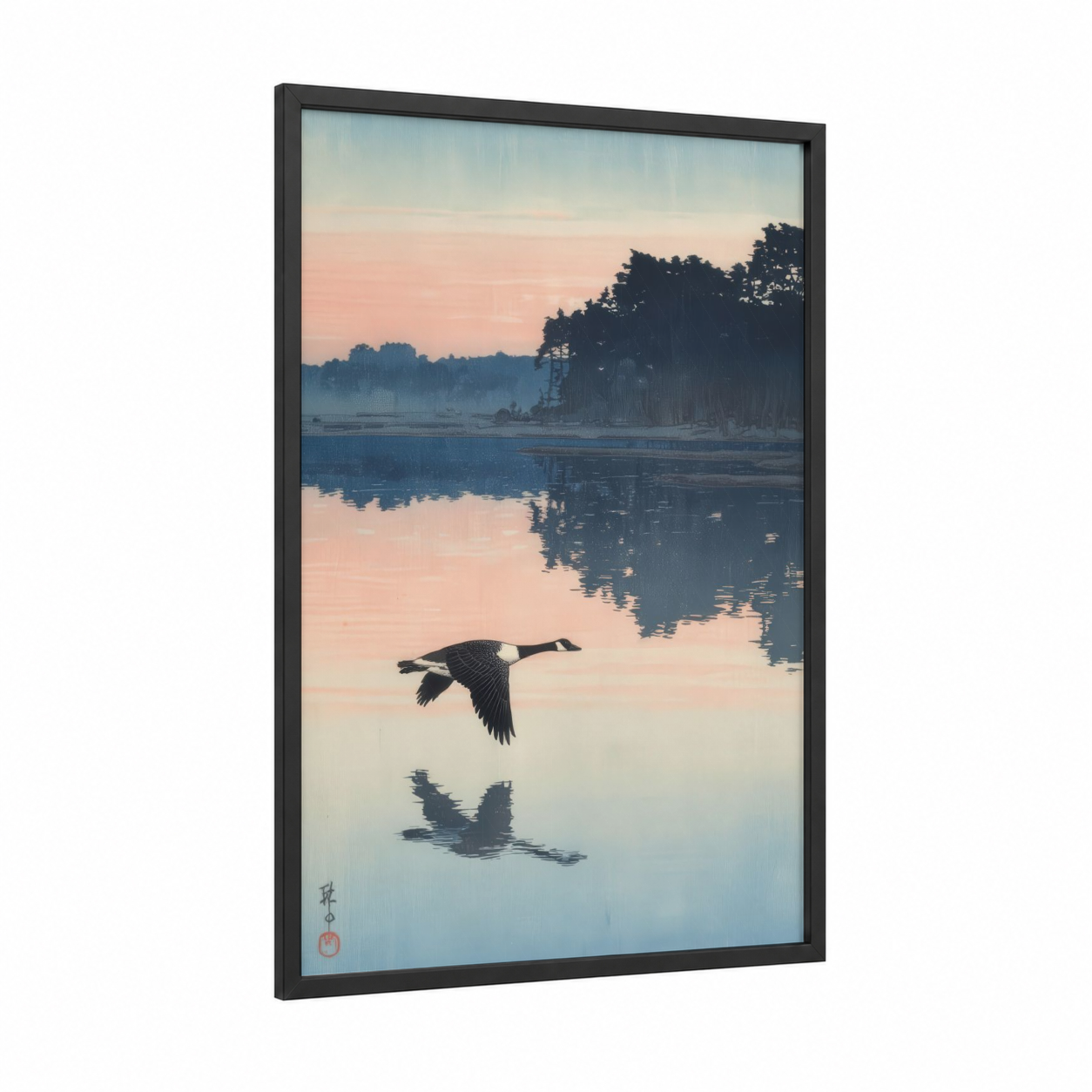 Dawn Geese Flight framed art print — black wood frame — blue and white and peach palette