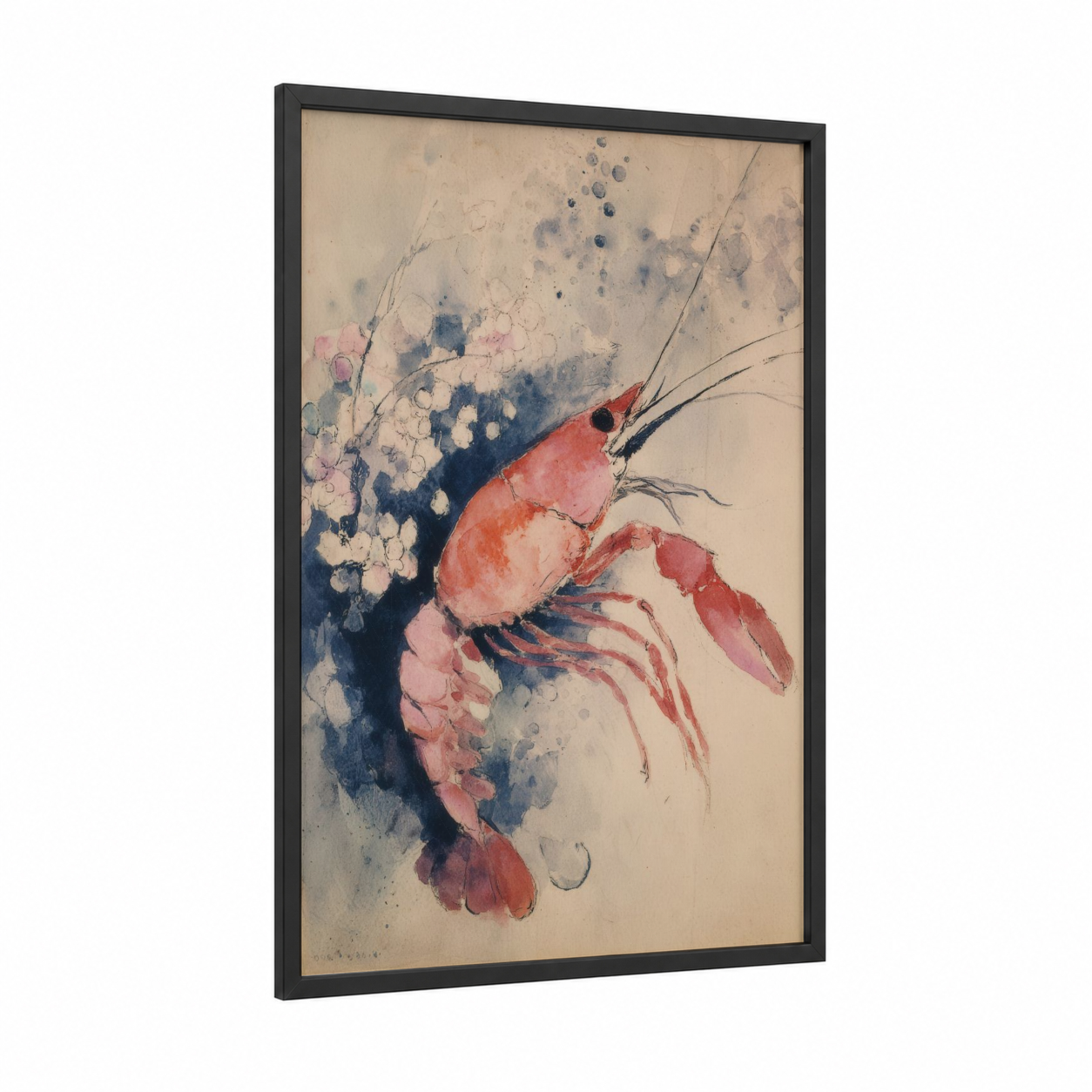 Crimson Lobster framed art print — black wood frame — pink and dark blue palette