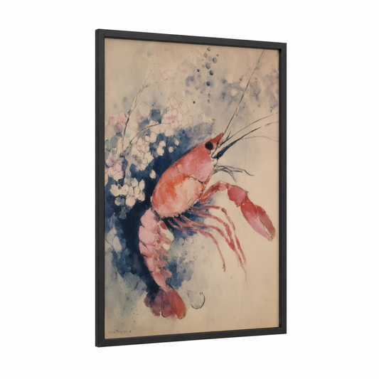 Crimson Lobster framed art print — black wood frame — pink and dark blue palette