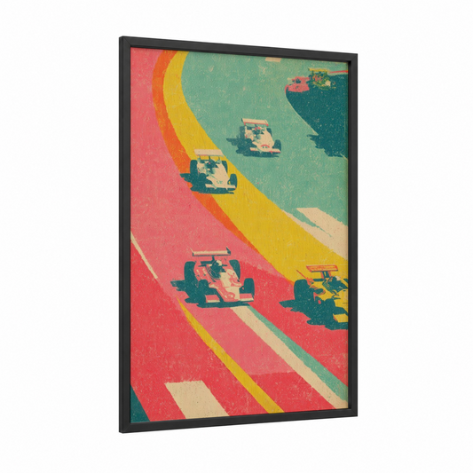 Retro Racing Vibes framed auto racing print — black wood frame — red and mustard palette