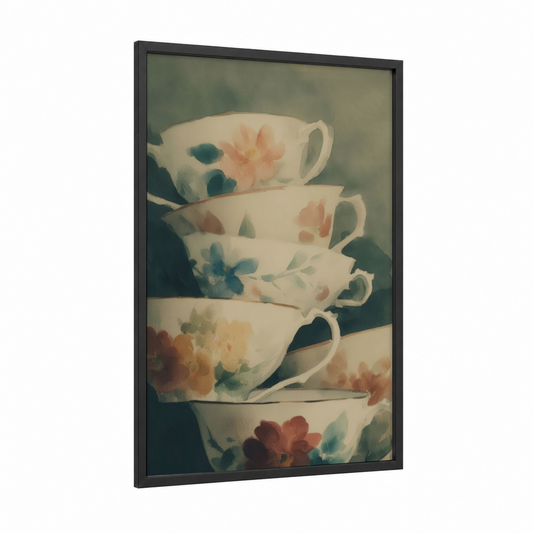 Stacked Teacups framed kitchen utensils print — black wood frame — cream and sage green palette