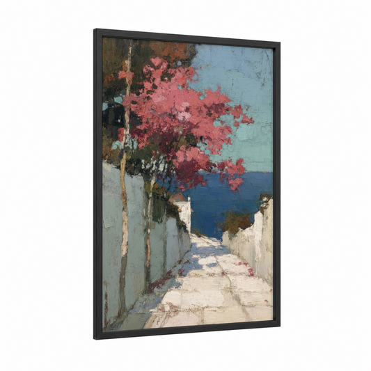 Coastal Pathway framed road and highways print — black wood frame — blue and salmon pink palette