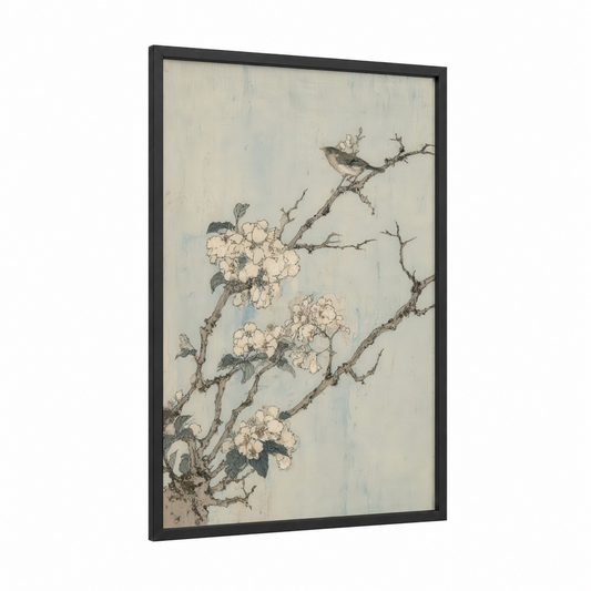 Blossoming Baobab framed baobab tree print — black wood frame — cream and gray palette
