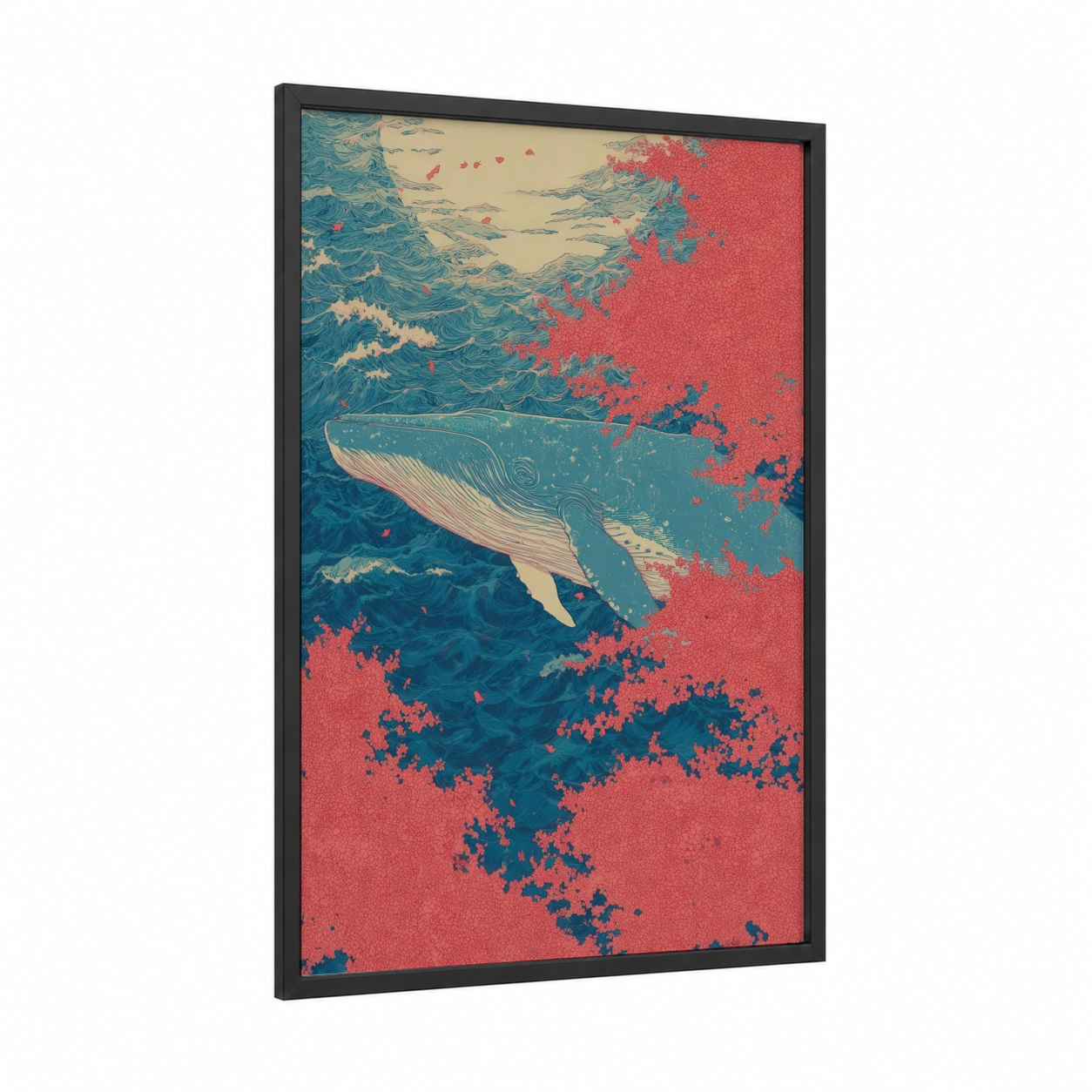 Crimson Whale framed blue whale print — black wood frame — blue and red palette