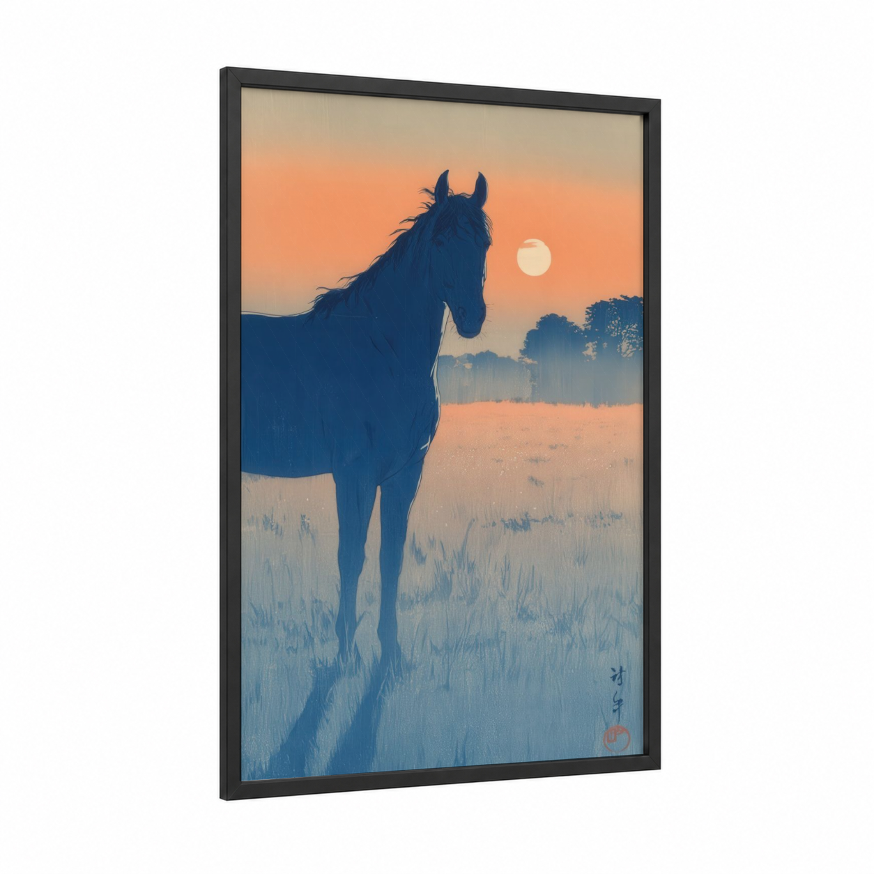 Serene Quarter Horse framed art print — black wood frame — blue and gold and peach palette
