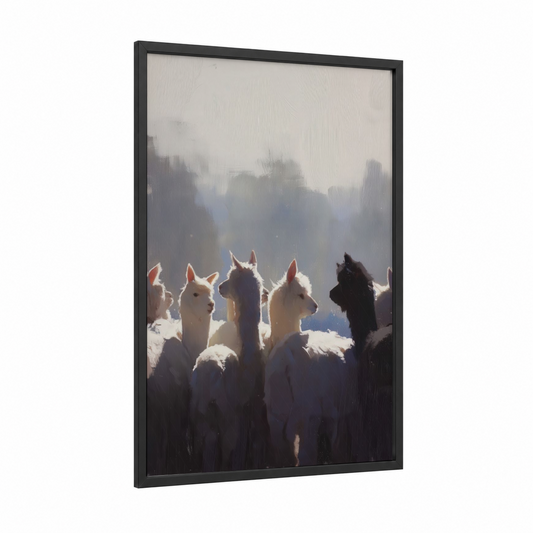 Snowy Alpaca Herd framed art print — black wood frame — white and dove gray palette
