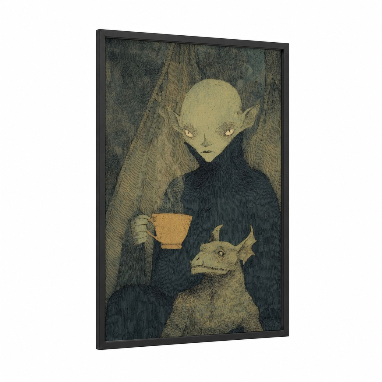 Pale Companion framed vampire print — black wood frame — black and gold and gray palette