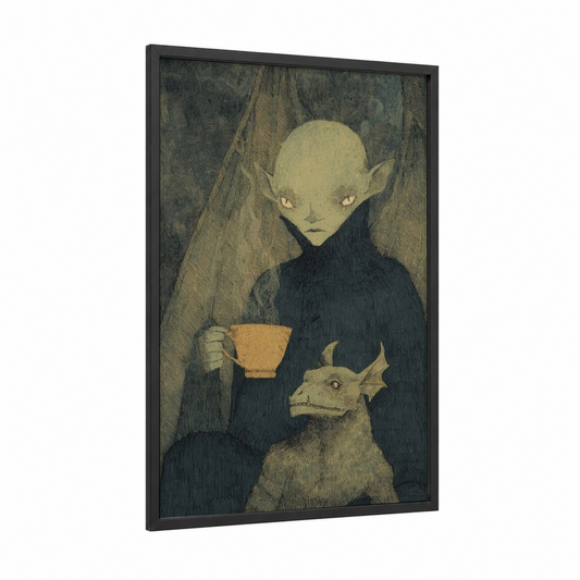 Pale Companion framed vampire print — black wood frame — black and gold and gray palette