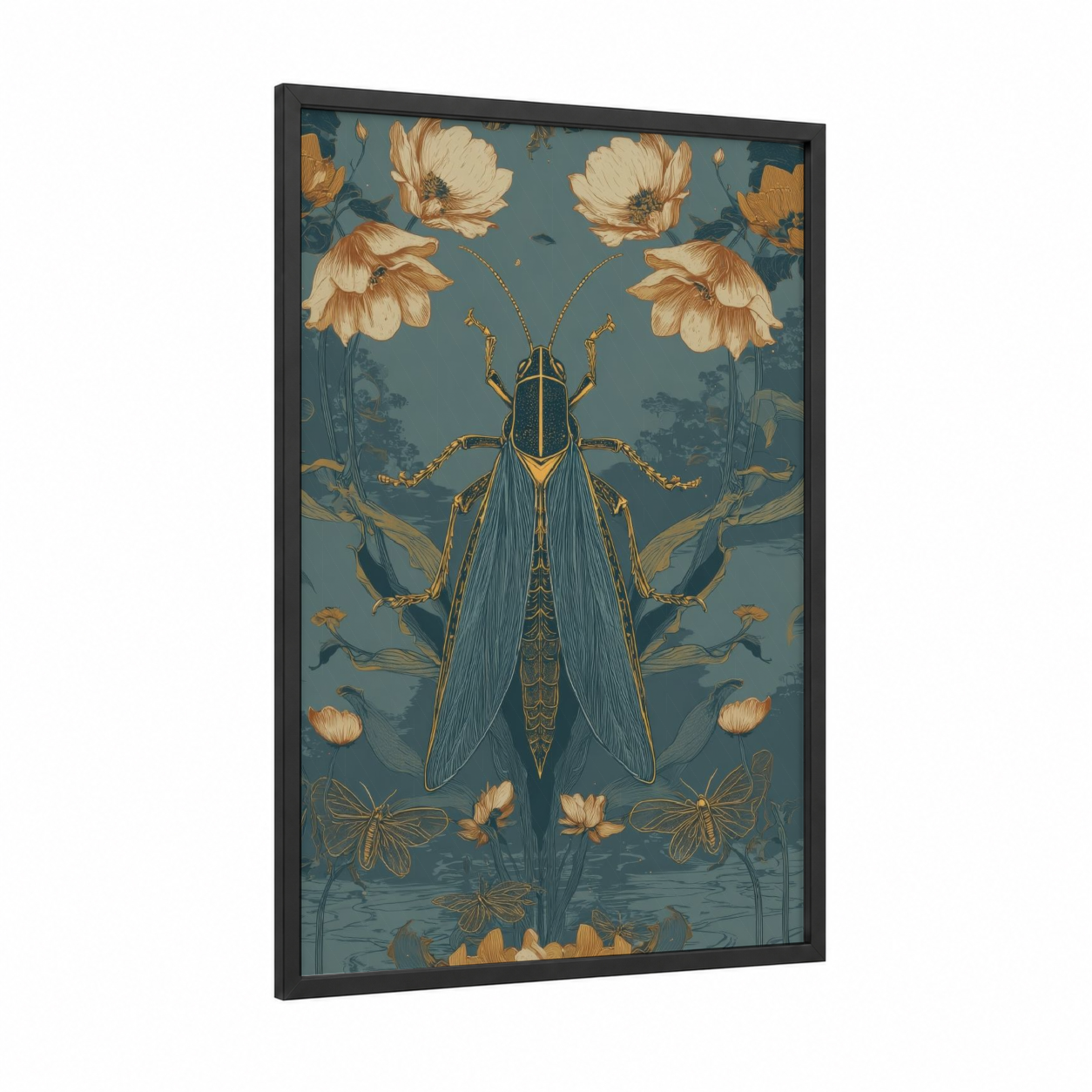 Golden Grasshopper framed art print — black wood frame — gold and teal palette