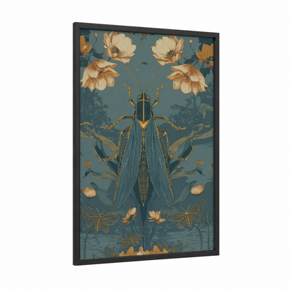 Golden Grasshopper framed art print — black wood frame — gold and teal palette