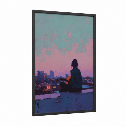 Solitary Musician framed art print — black wood frame — pink and blue palette