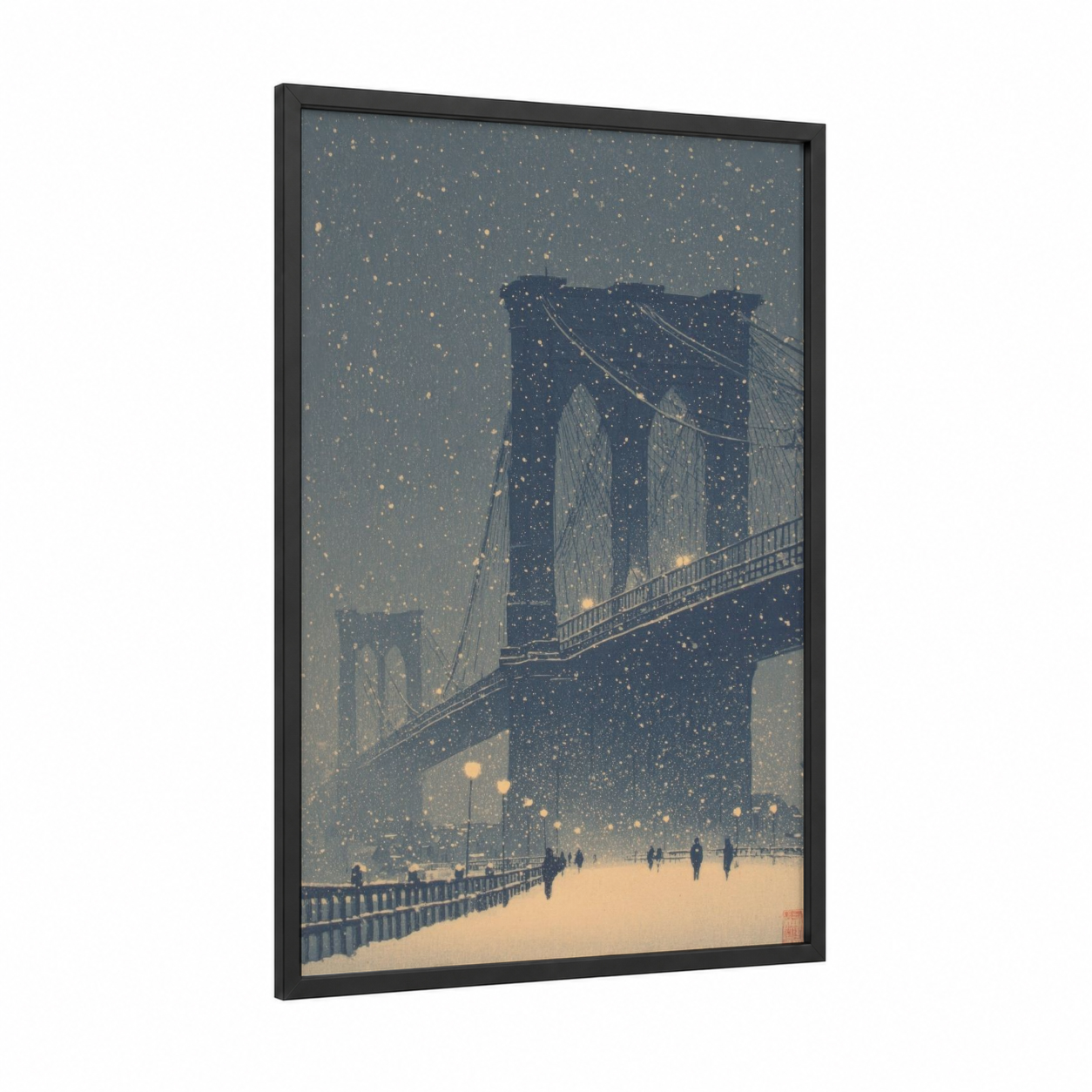 Snowy Brooklyn Bridge framed bridges print — black wood frame — gray and gold palette
