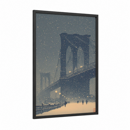 Snowy Brooklyn Bridge framed bridges print — black wood frame — gray and gold palette