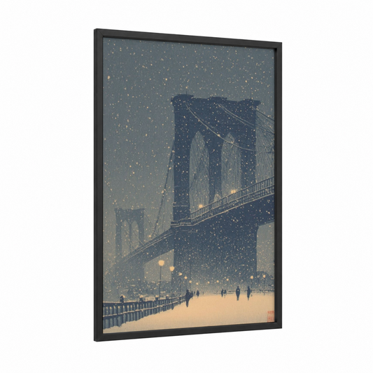Snowy Brooklyn Bridge framed bridges print — black wood frame — gray and gold palette
