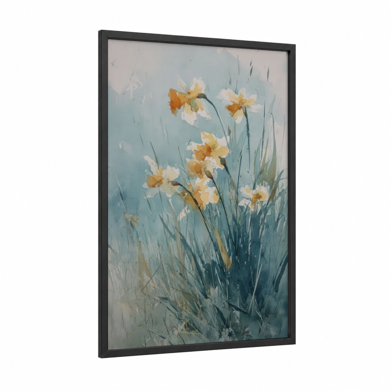 Golden Daffodils framed art print — black wood frame — blue and gold and cream palette