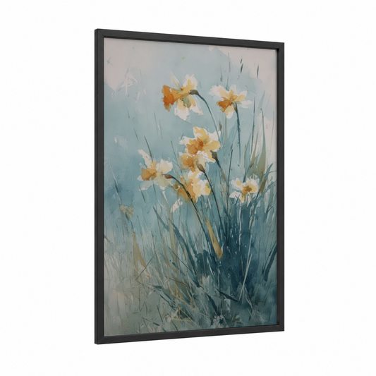 Golden Daffodils framed art print — black wood frame — blue and gold and cream palette