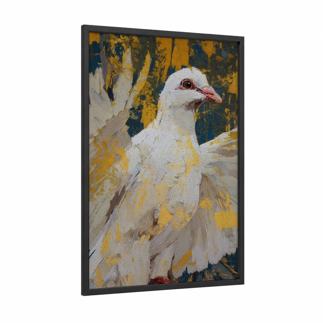 White Dove Portrait framed art print — black wood frame — white and yellow gold palette