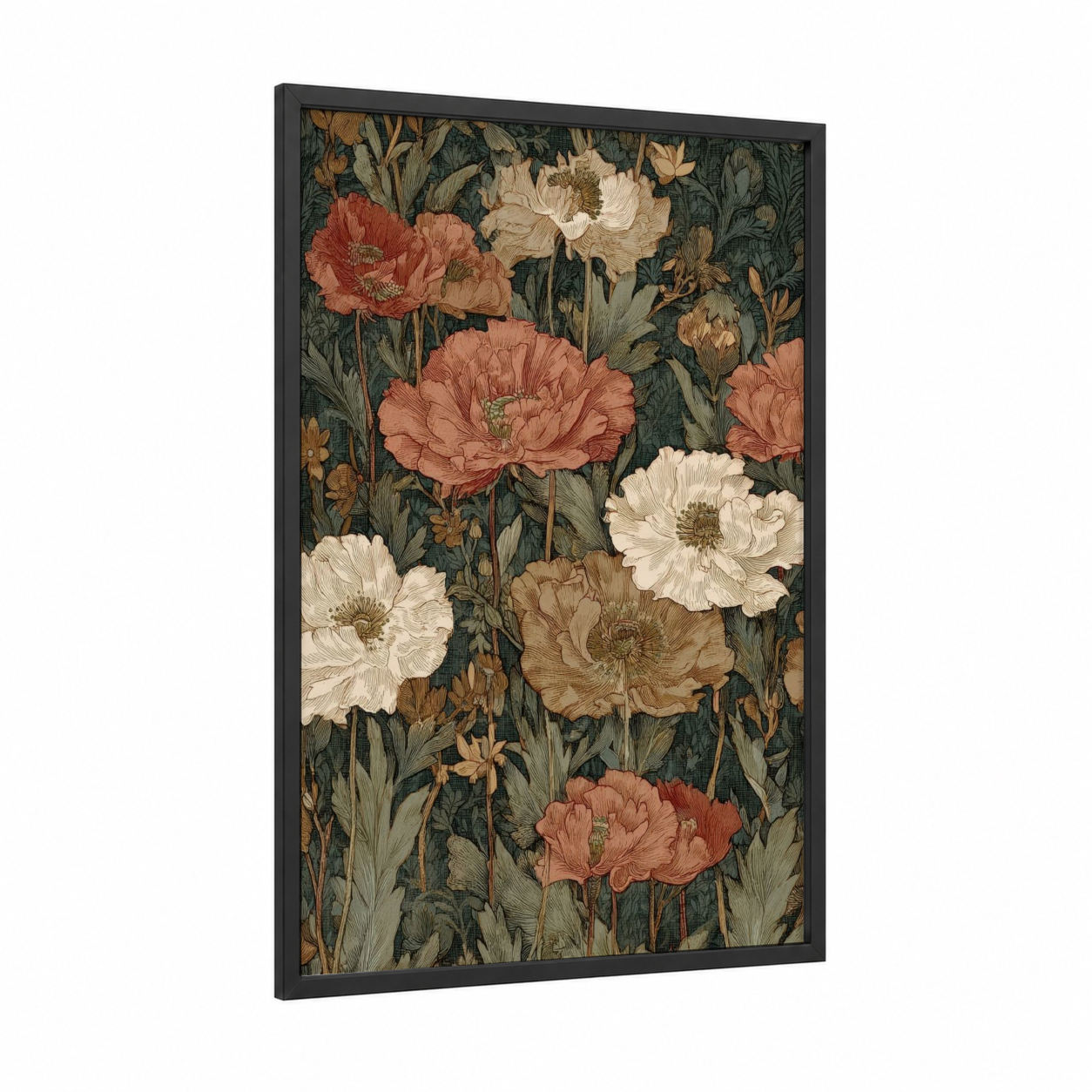 Vintage Poppy Garden framed poppies print — black wood frame — cream and russet palette