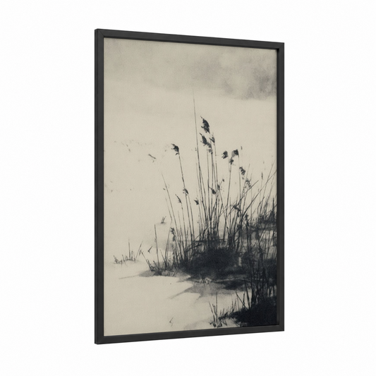 Frosted Reeds framed winter print — black wood frame — cream and black and white palette