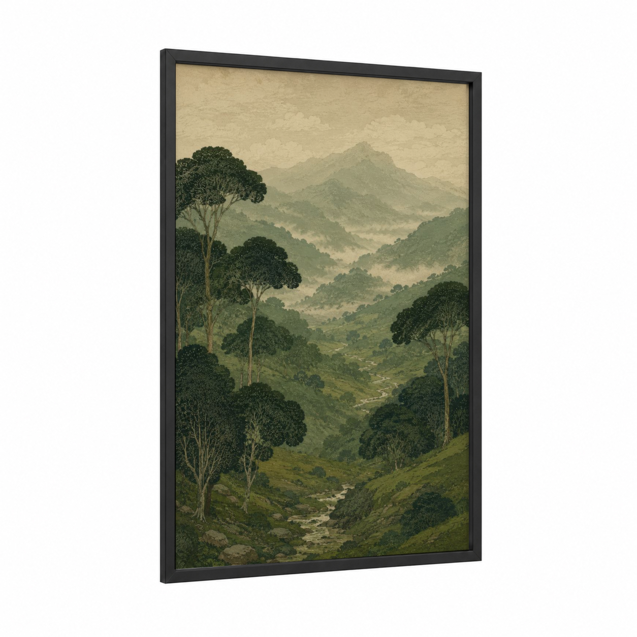 Misty Mountain Valley With Forest Wall Art framed art print — black wood frame — green and beige palette