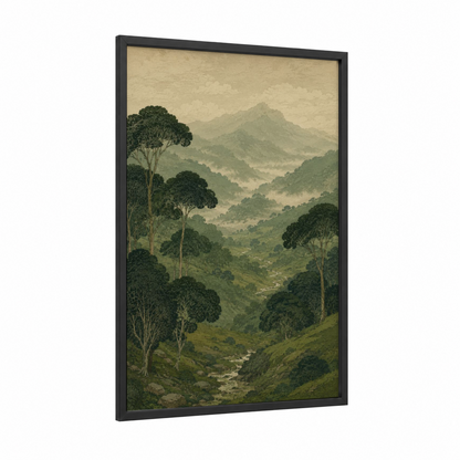 Misty Mountain Valley With Forest Wall Art framed art print — black wood frame — green and beige palette
