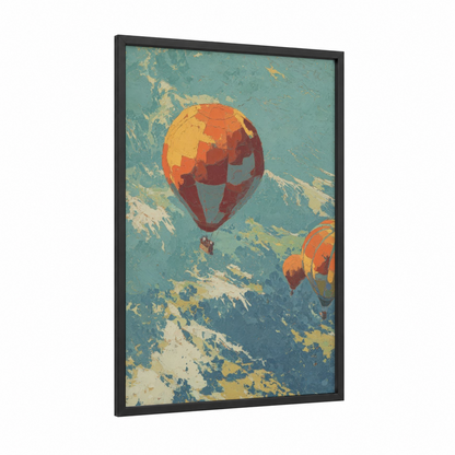 Alpine Hot Air Balloon framed hot air baloon print — black wood frame — orange and teal palette