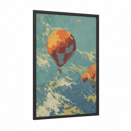 Alpine Hot Air Balloon framed hot air baloon print — black wood frame — orange and teal palette