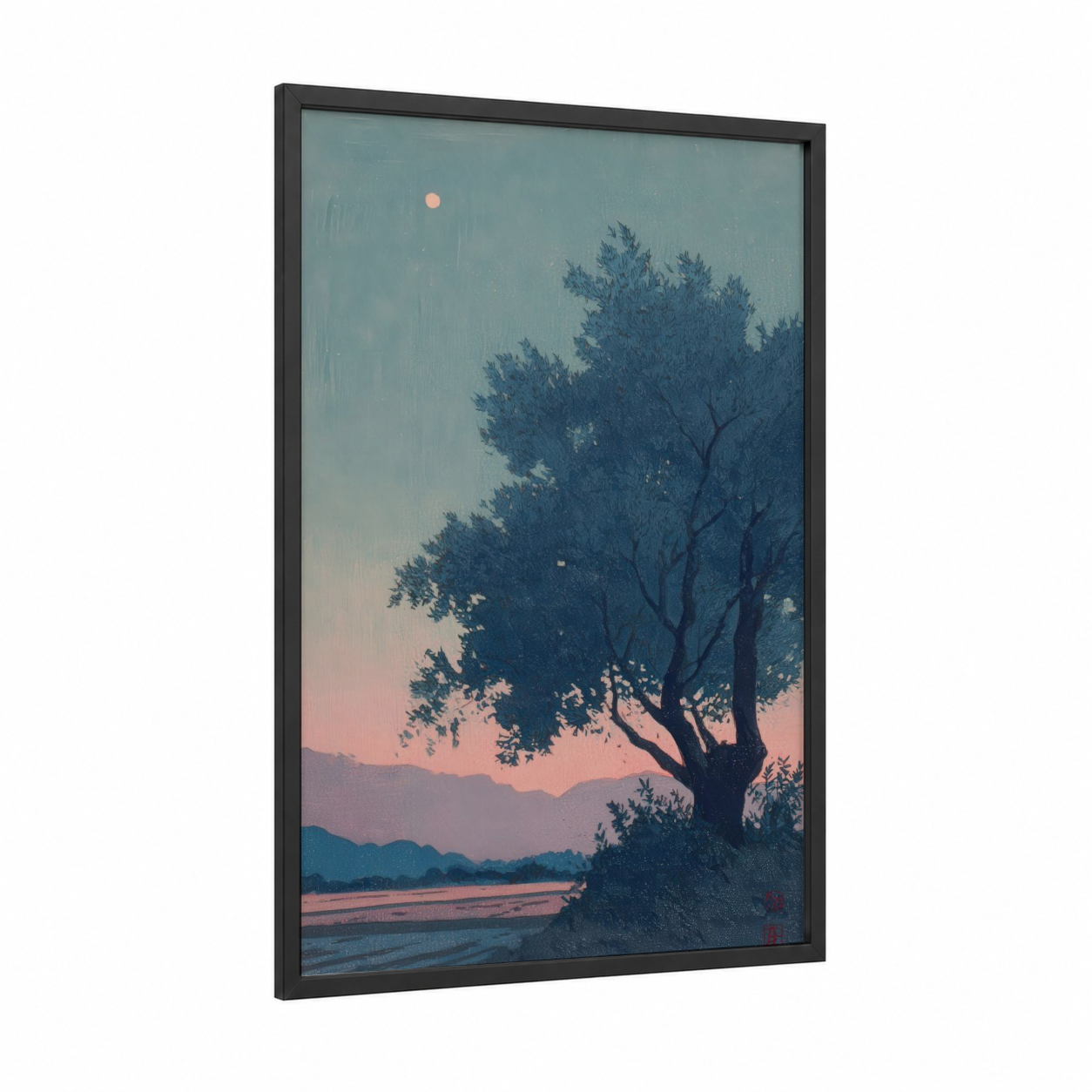 Lakeside Olive Sunset framed olive tree print — black wood frame — blue and peach palette