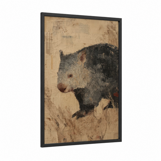 Vintage Wombat framed art print — black wood frame — beige and brown palette