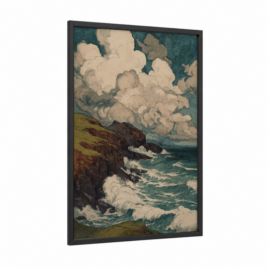Stormy Coastline framed art print — black wood frame — teal and cream palette