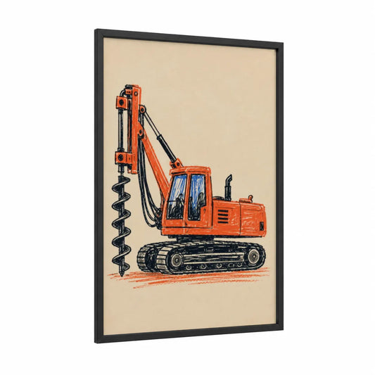 Industrial Drill Excavator Wall Art framed industrial architecture print — black wood frame — orange and beige palette