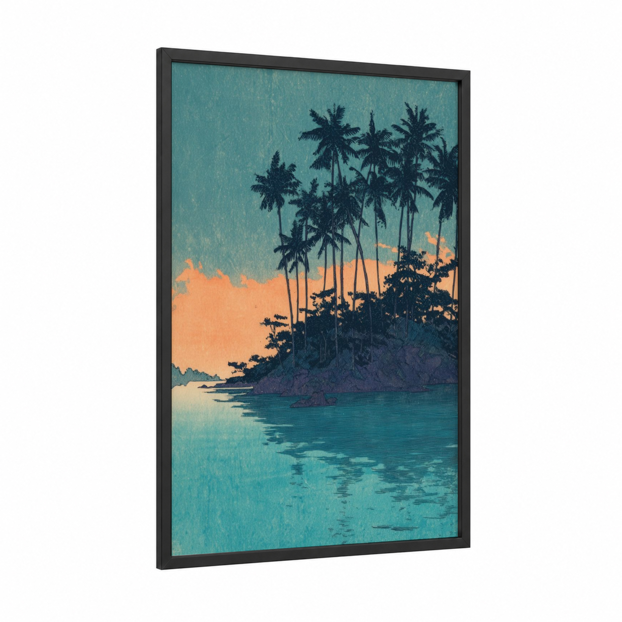 Tropical Island Sunset framed art print — black wood frame — teal and peach palette
