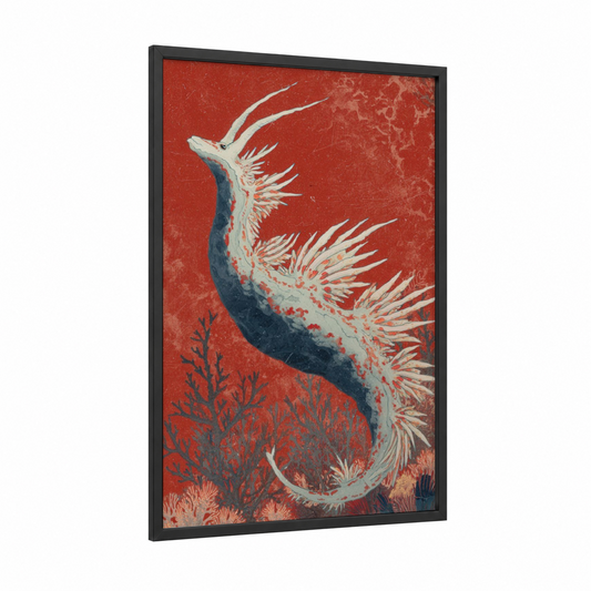 Crimson Sea Dragon framed nudibranch print — black wood frame — red palette