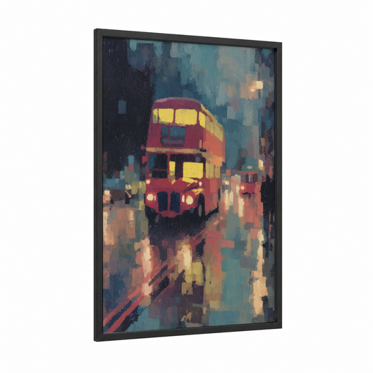 London Nightbus framed art print — black wood frame — teal and red palette