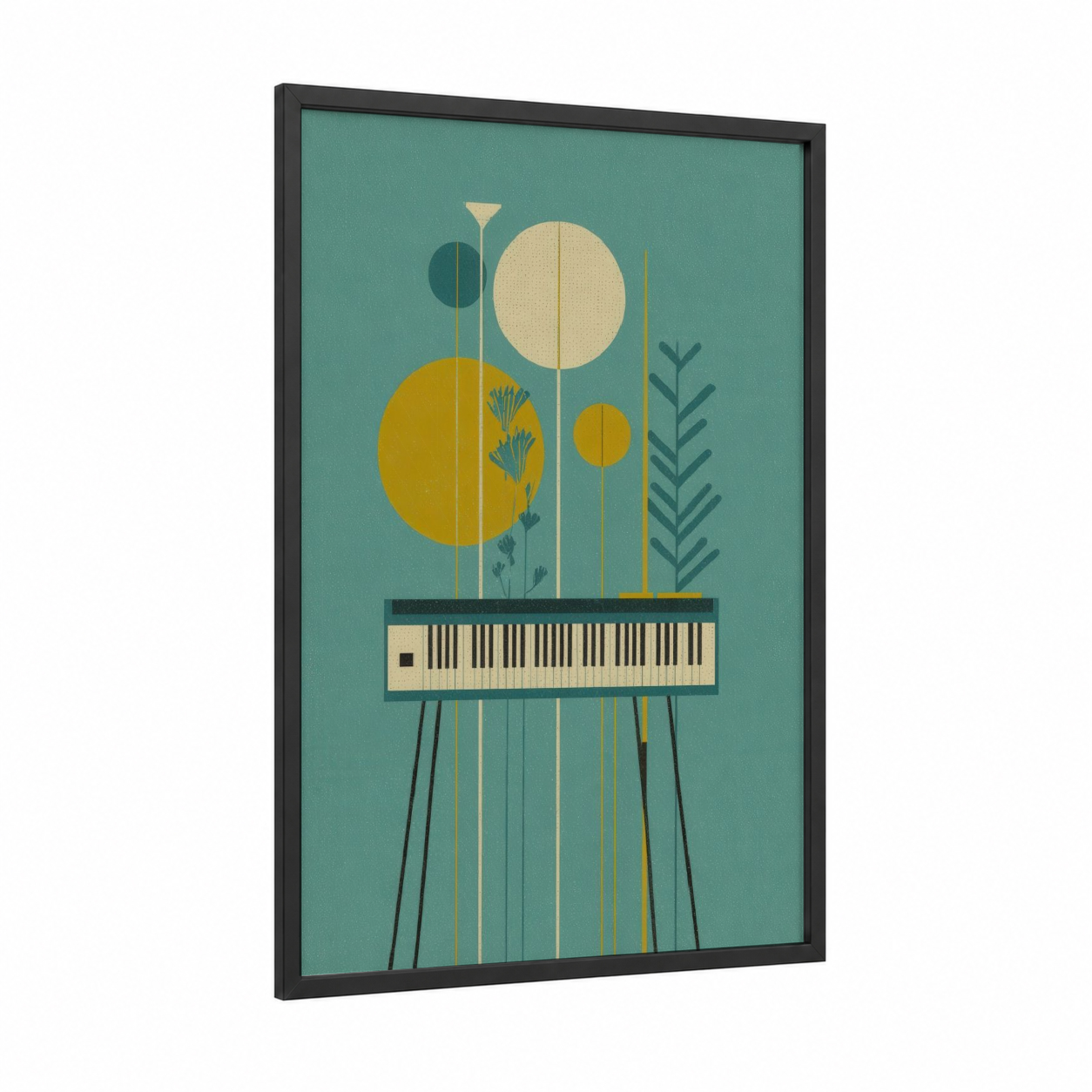 Musical Garden Keyboard framed art print — black wood frame — mustard and teal palette