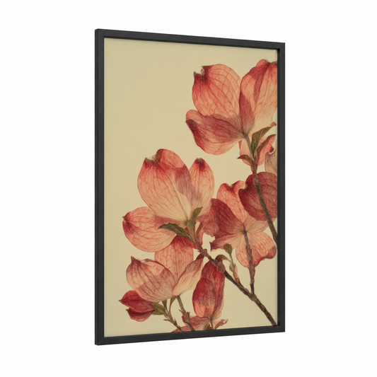 Crimson Dogwood Blossoms framed art print — black wood frame — peach and cream palette