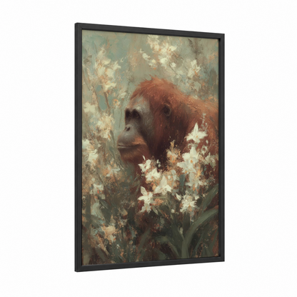 Contemplative Orangutan framed art print — black wood frame — cream and sage green palette