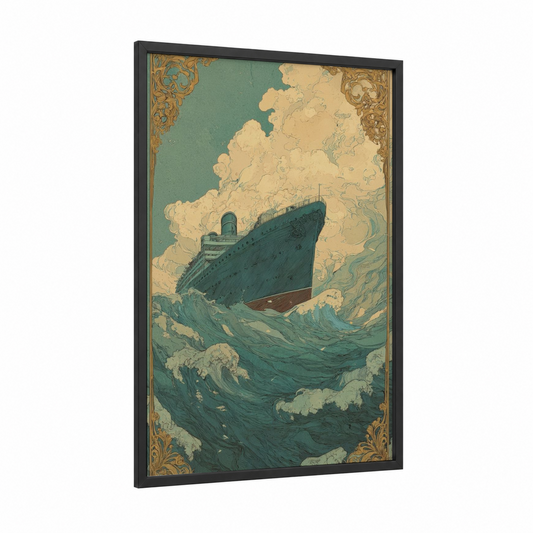 Stormy Cruise Ship framed art print — black wood frame — teal and cream palette