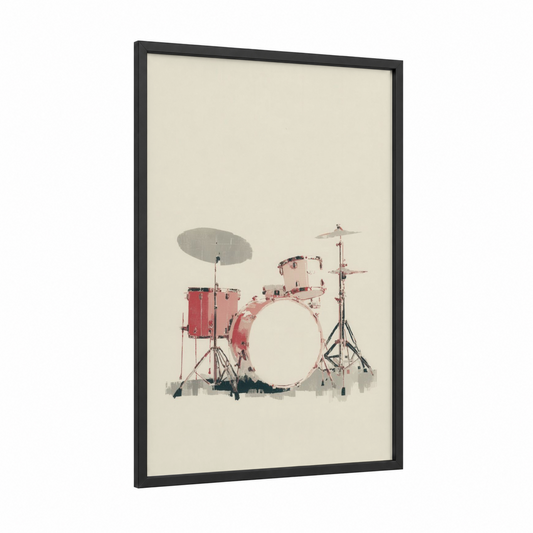 Vintage Drum Kit framed drums print — black wood frame — russet and cream palette
