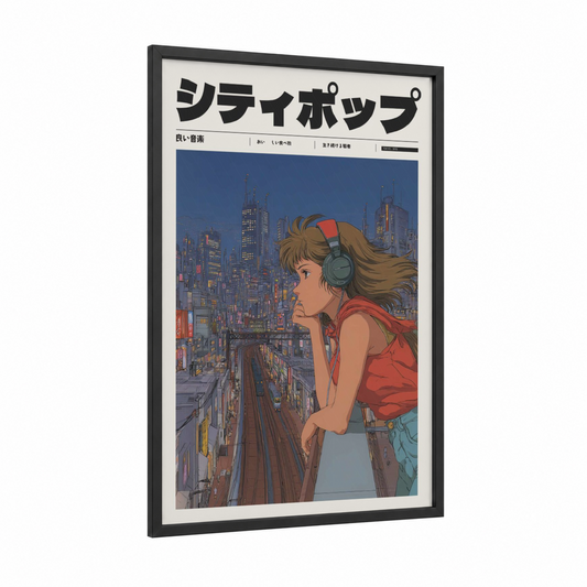 Neon City Vibes framed anime and manga print — black wood frame — dark blue and red palette