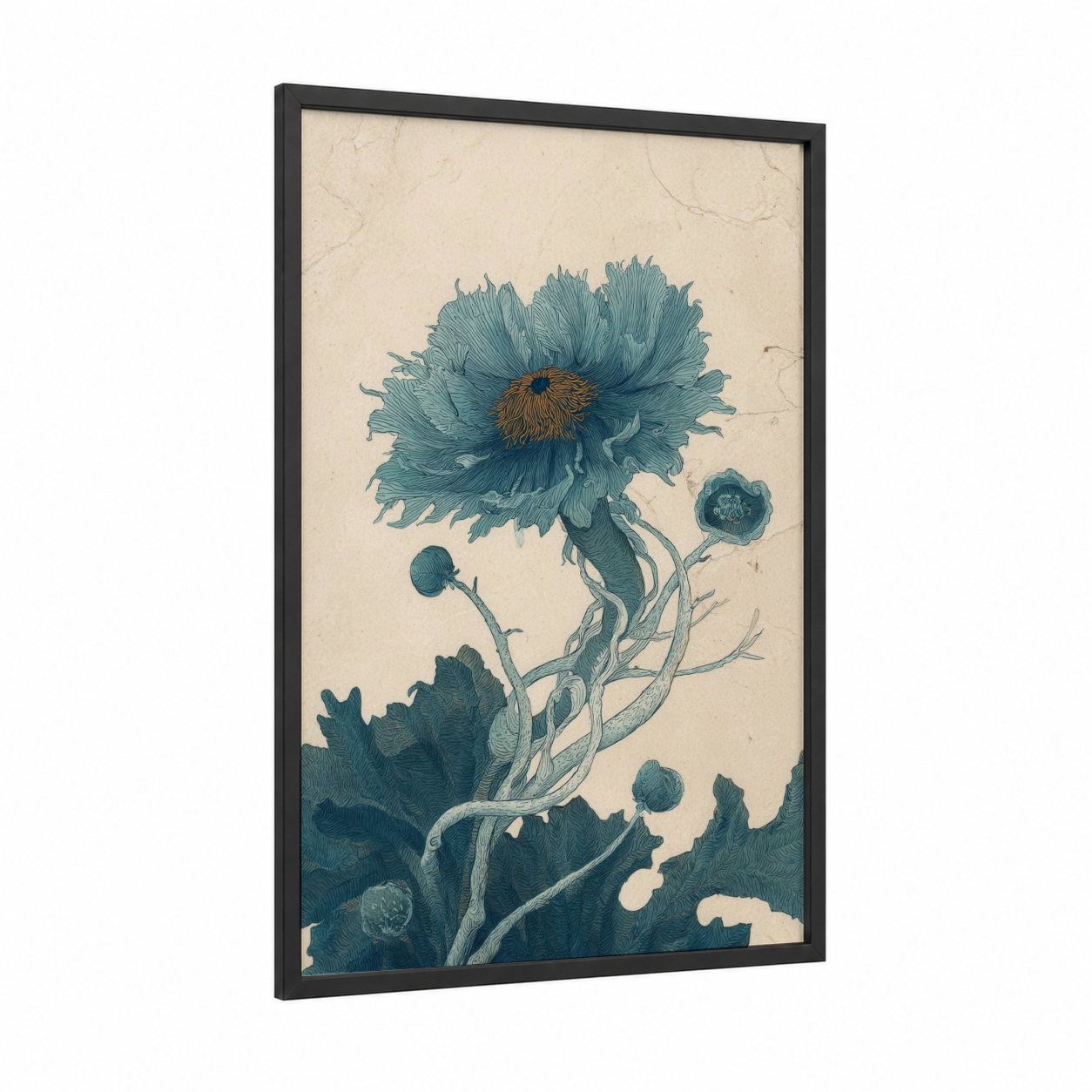 Teal Sea Anemone framed art print — black wood frame — teal and gold palette