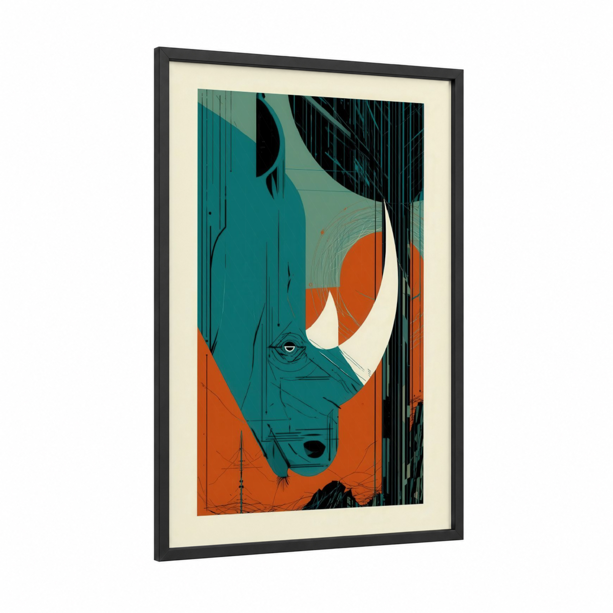 Geometric Rhino framed art print — black wood frame — teal and orange palette