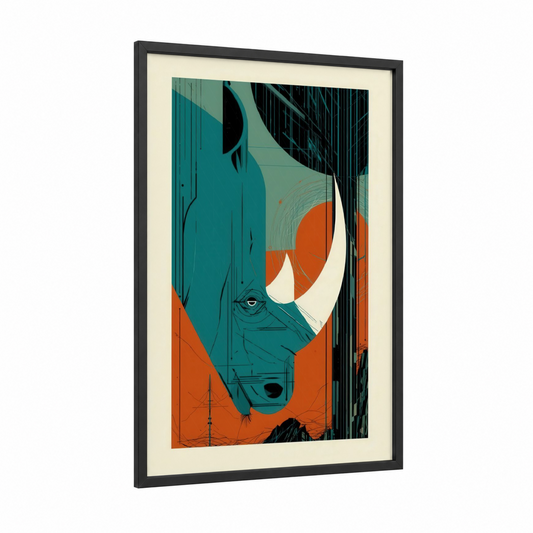 Geometric Rhino framed art print — black wood frame — teal and orange palette